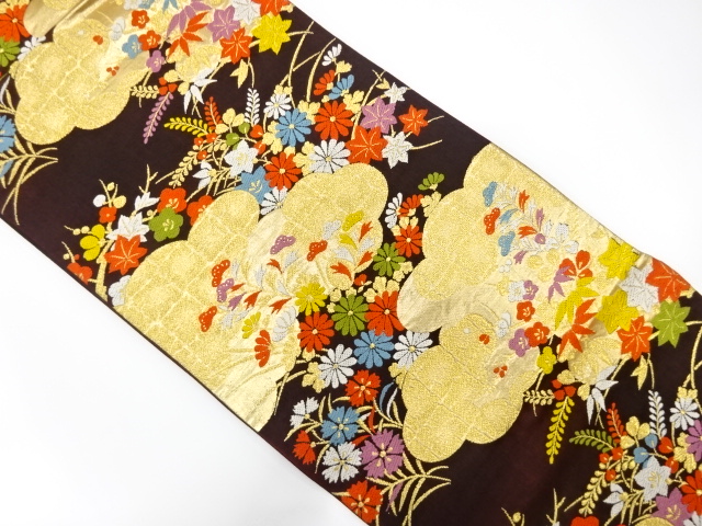 JAPANESE KIMONO / ANTIQUE FUKURO OBI / SILK / WOVEN AUTUMN FLOWERS